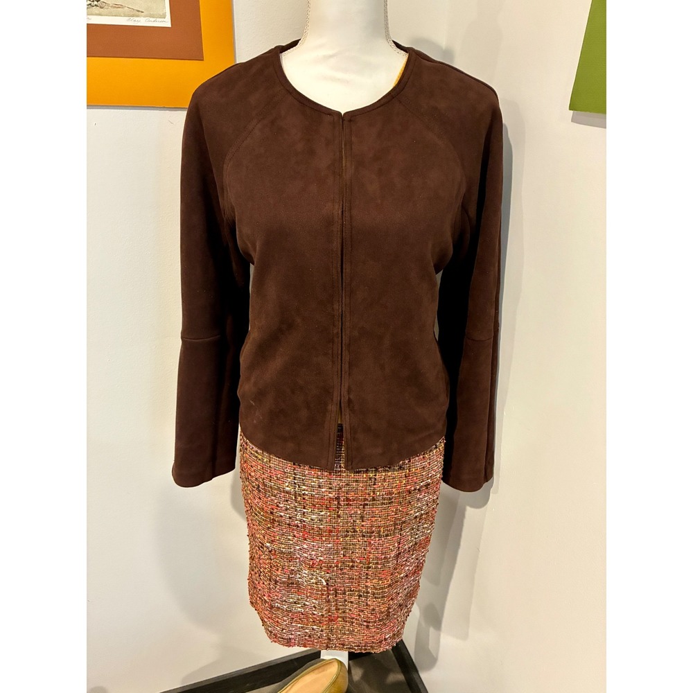 Brown Faux Suede Jacket Medium Hook Eye Collarless Y2K Minimalist